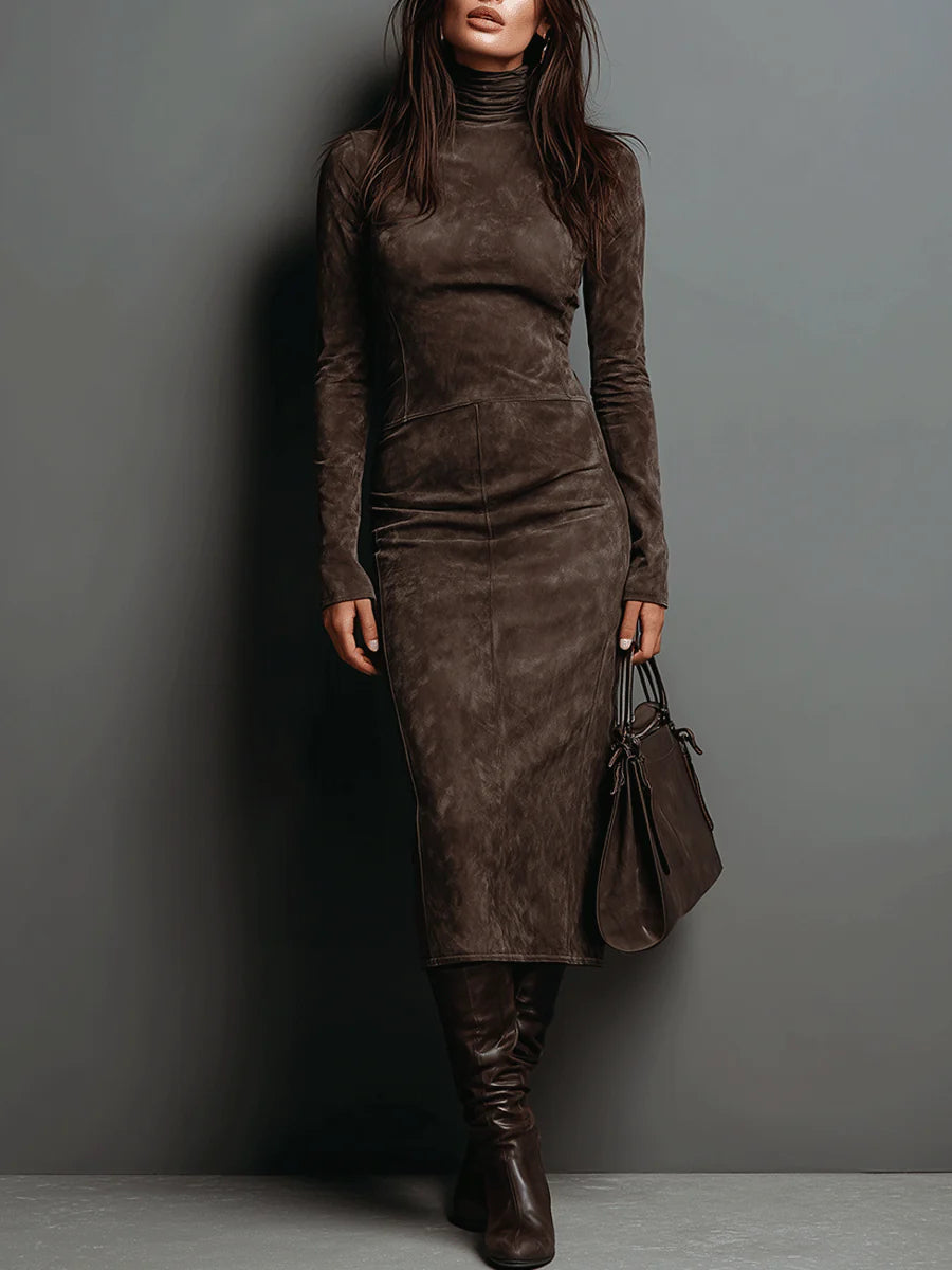 Elegant women's black bodycon midi dress, perfect for semi-formal events, featuring a sophisticated turtleneck & long sleeves.