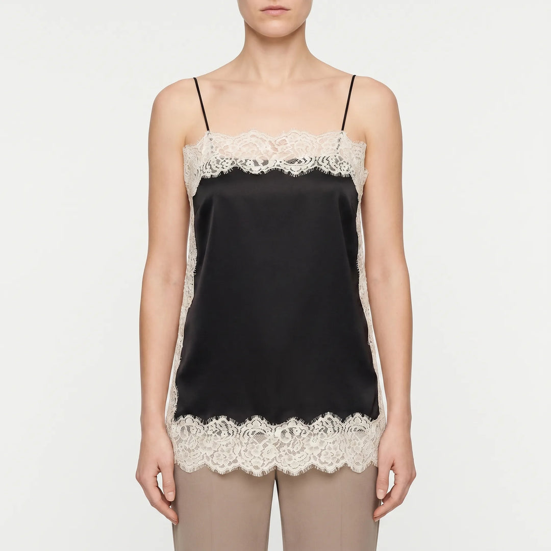 Sophisticated women's camisole top featuring elegant lace trim, a sleeveless design for versatile styling.