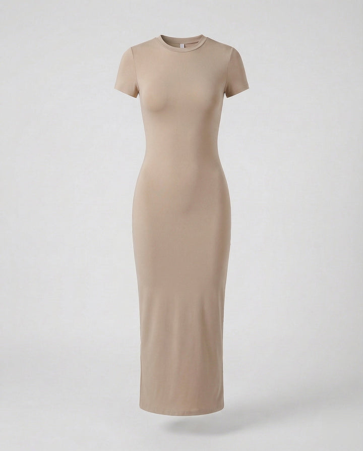 Stylish women's black crew neck short sleeve bodycon maxi dress, a must-have fitted piece for summer elegance.