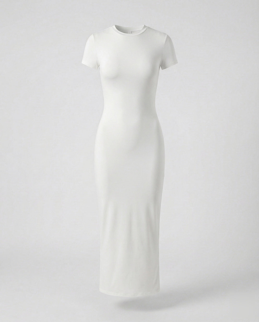 Elegant women's crew neck bodycon maxi dress styled for an evening event, perfect for a sophisticated fashion statement.