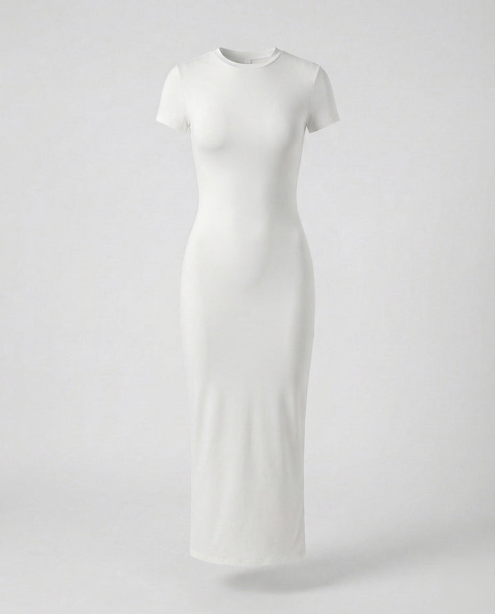 Elegant women's crew neck bodycon maxi dress styled for an evening event, perfect for a sophisticated fashion statement.