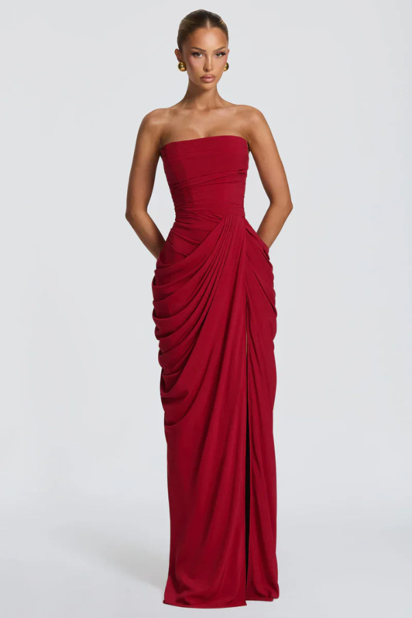 Women's elegant champagne flowy maxi dress for formal occasions & parties.
