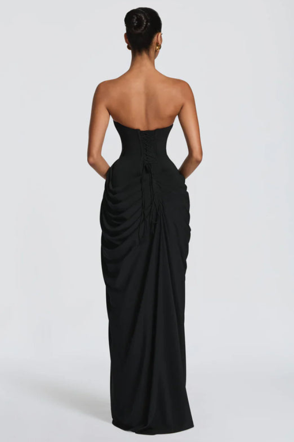 Elegant women's occasion wear: a flowing maxi dress in classic navy blue.