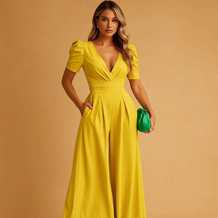 Sophisticated women's formal puff sleeve jumpsuit, a stylish statement piece for elegant evening wear.