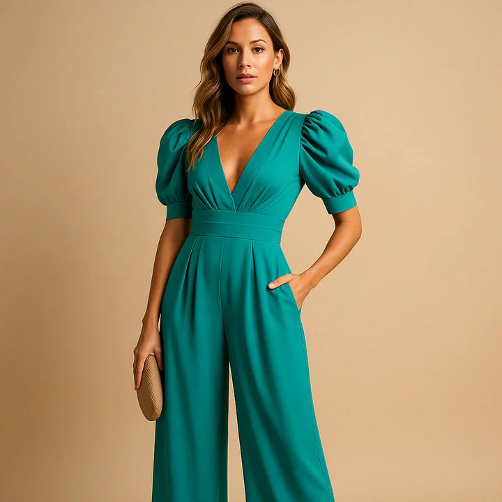 Women's formal black jumpsuit featuring elegant puff sleeves and a tailored fit for special occasions.