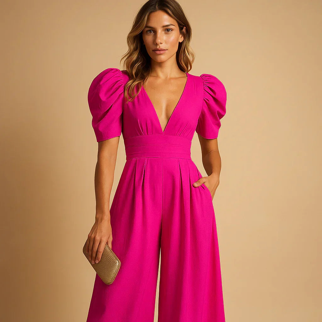Stylish women's elegant formal occasionwear jumpsuit with modern puff sleeves & a flattering silhouette.