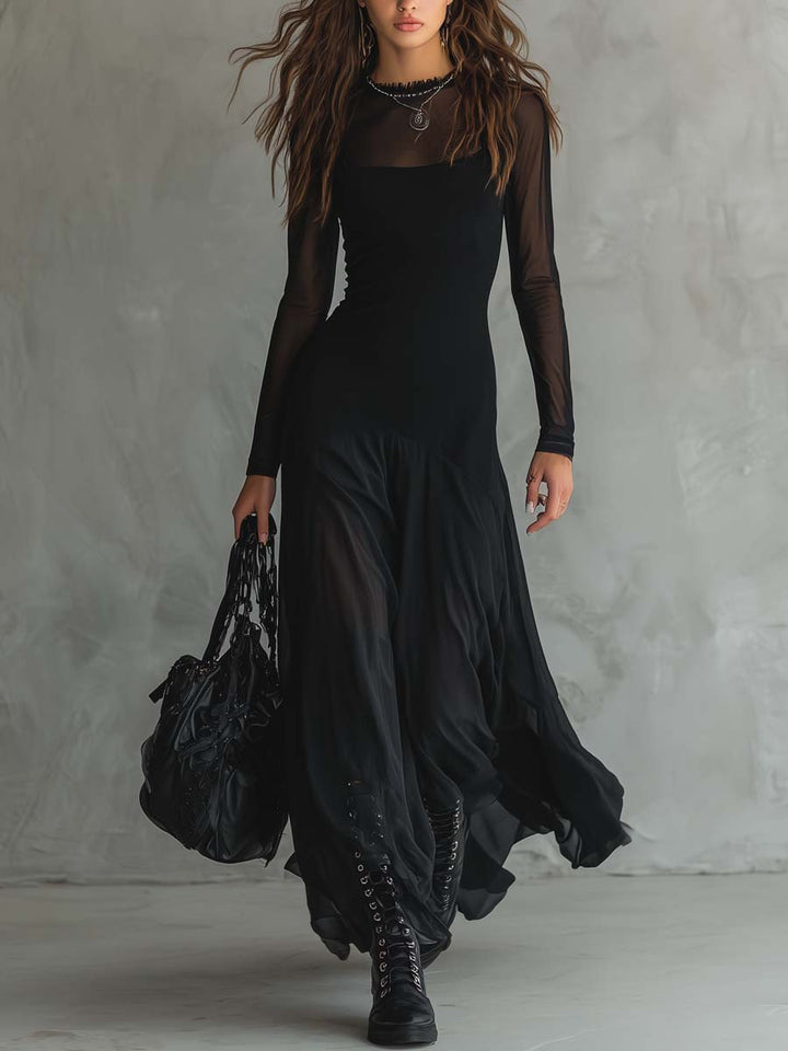 Elegant women's black maxi dress, perfect for formal evenings & special occasions. Sophisticated long sleeve evening gown.