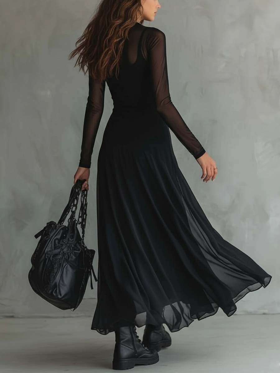 Sophisticated black maxi dress for women, featuring a chic ruffle skirt. Ideal for black tie and formal evening events.