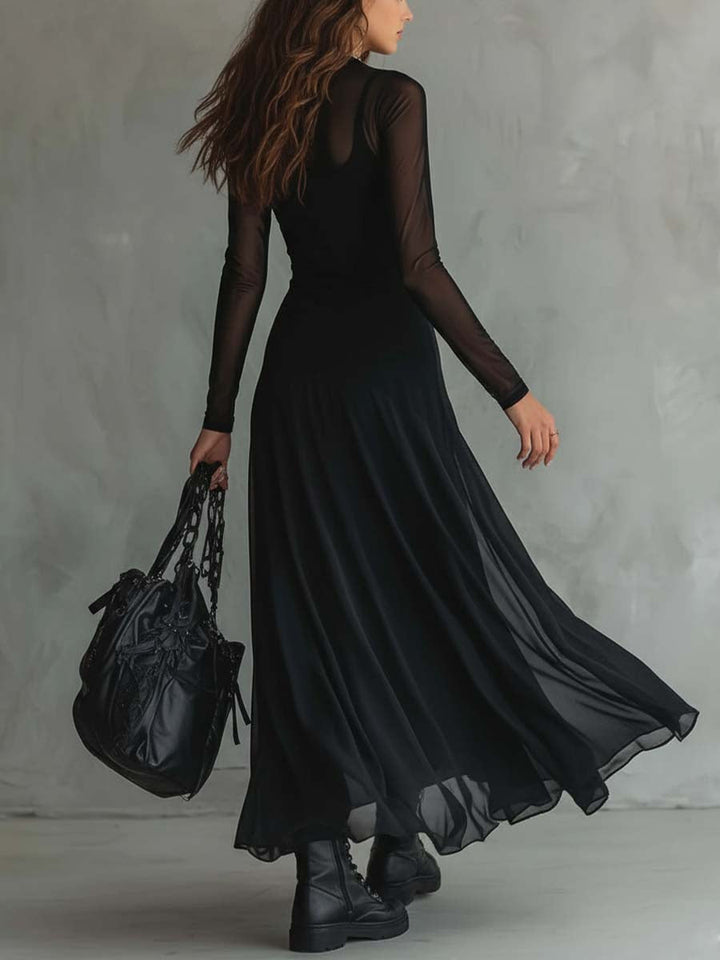 Sophisticated black maxi dress for women, featuring a chic ruffle skirt. Ideal for black tie and formal evening events.
