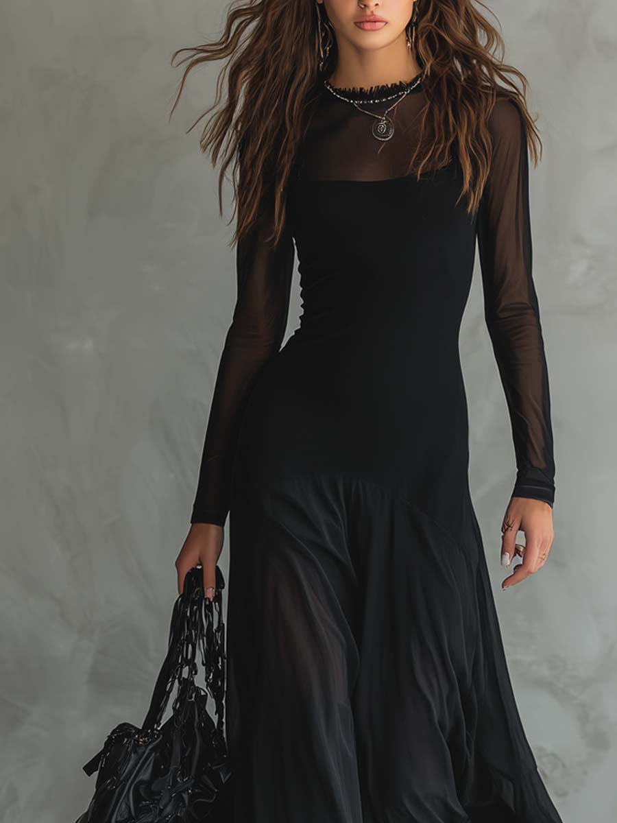 Women's elegant black formal maxi dress, full length, with long sleeves. Perfect evening gown for sophisticated events.