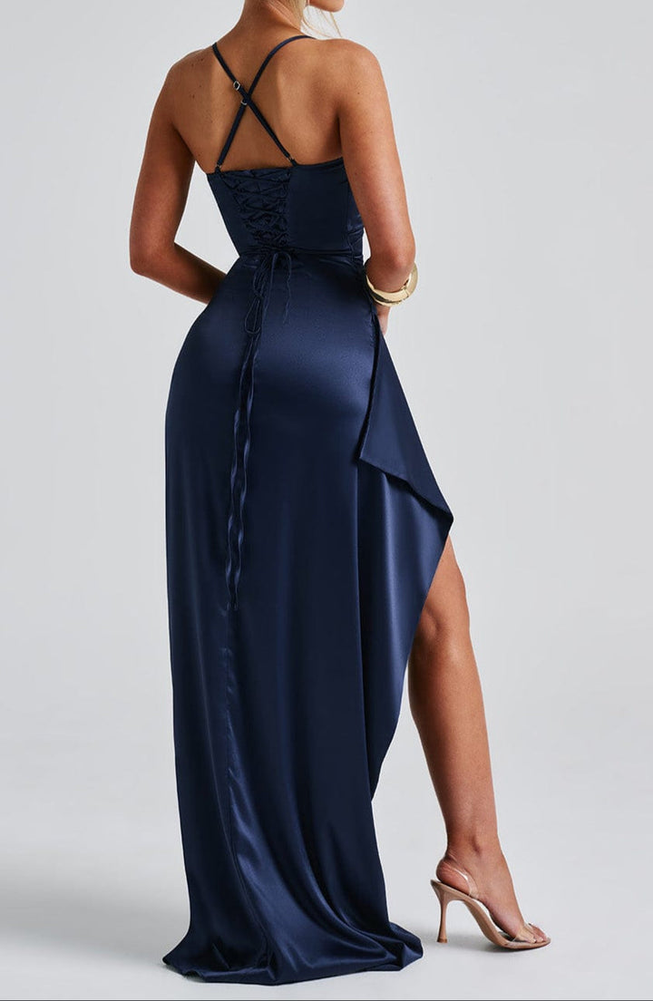 Chic women's strappy maxi dress, ideal for formal parties & evening wear, featuring a stylish slit detail.