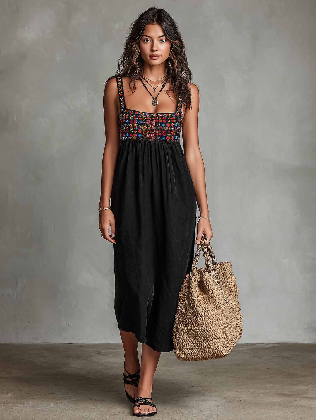 Stylish women's black midi dress, sleeveless, square neck, and delicate floral embroidery. Great for summer fashion & parties.
