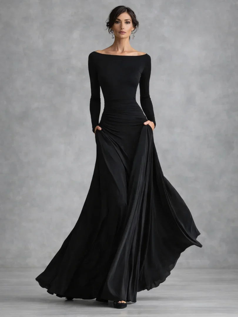 Elegant women's black off-shoulder long sleeve maxi evening dress, perfect for formal events & wedding guests.