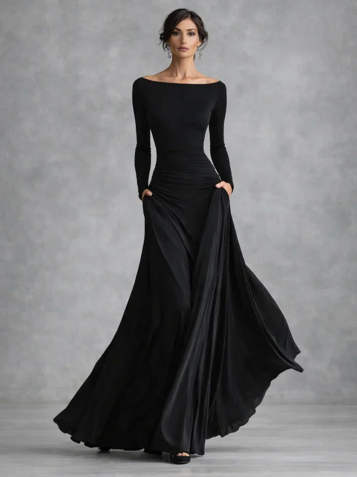 Elegant women's black off-shoulder long sleeve maxi evening dress, perfect for formal events & wedding guests.