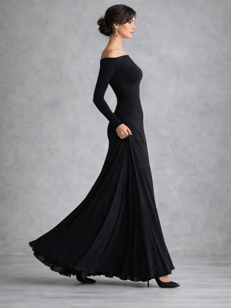 Sophisticated women's off-shoulder long sleeve maxi dress for evening parties, galas, and special occasions.