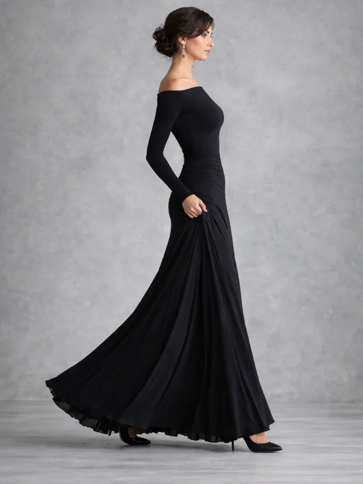 Sophisticated women's off-shoulder long sleeve maxi dress for evening parties, galas, and special occasions.
