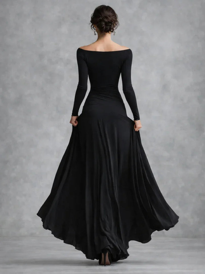 Stylish women's black off-shoulder long sleeve maxi gown, ideal for formal wear and elegant events.