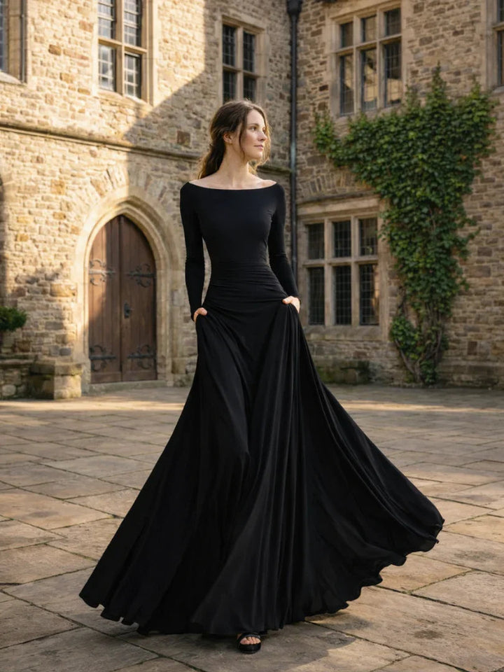 Flowing women's off-shoulder long sleeve maxi evening dress, a chic choice for any sophisticated formal event.