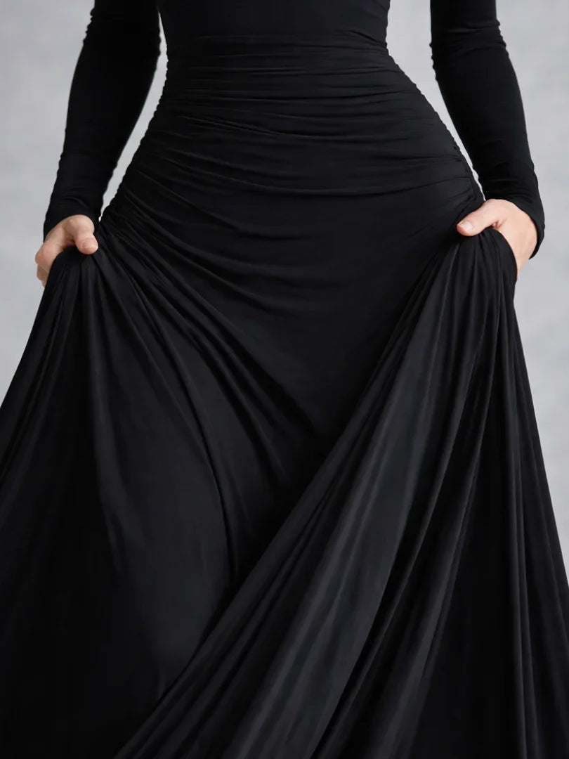 Stunning women's off-shoulder long sleeve evening gown, a formal maxi dress for elegant celebrations.