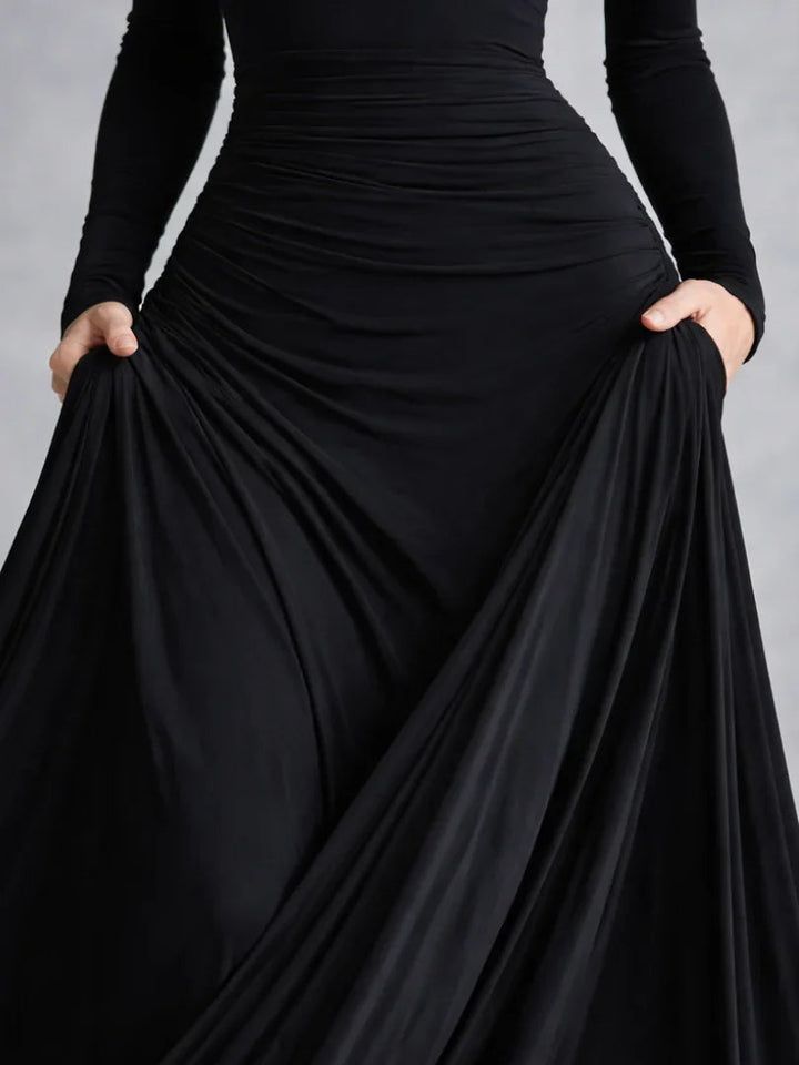Stunning women's off-shoulder long sleeve evening gown, a formal maxi dress for elegant celebrations.