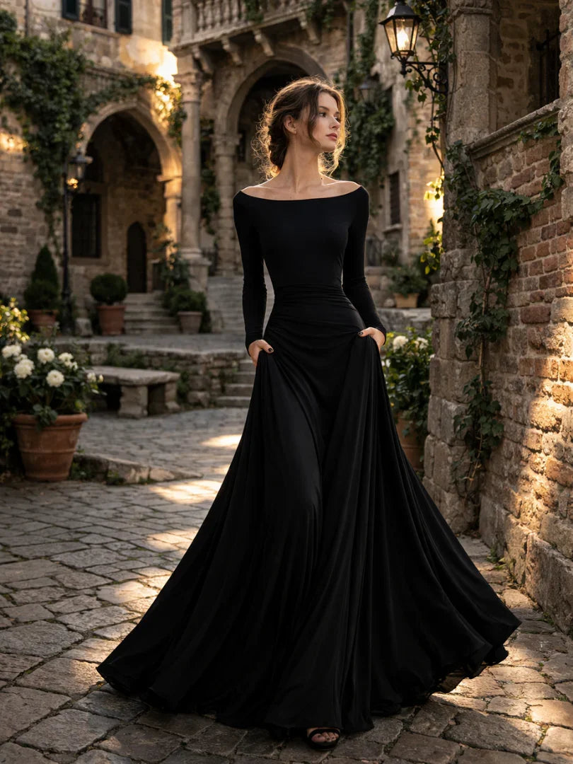 Graceful women's off-shoulder long sleeve maxi dress, an elegant black formal dress for special occasions.