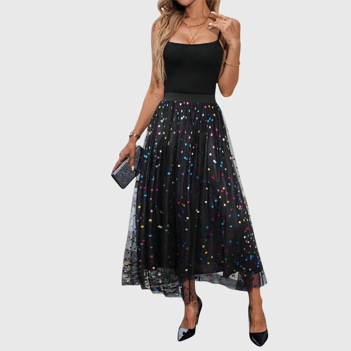 Elegant women's black sequin midi skirt with a sophisticated asymmetric hem, perfect for evening wear.