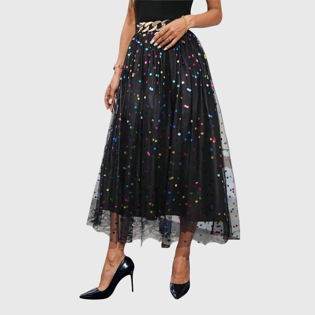 Glamorous high-waist black sequin midi skirt for women, featuring a trendy asymmetric hem, ideal for parties.