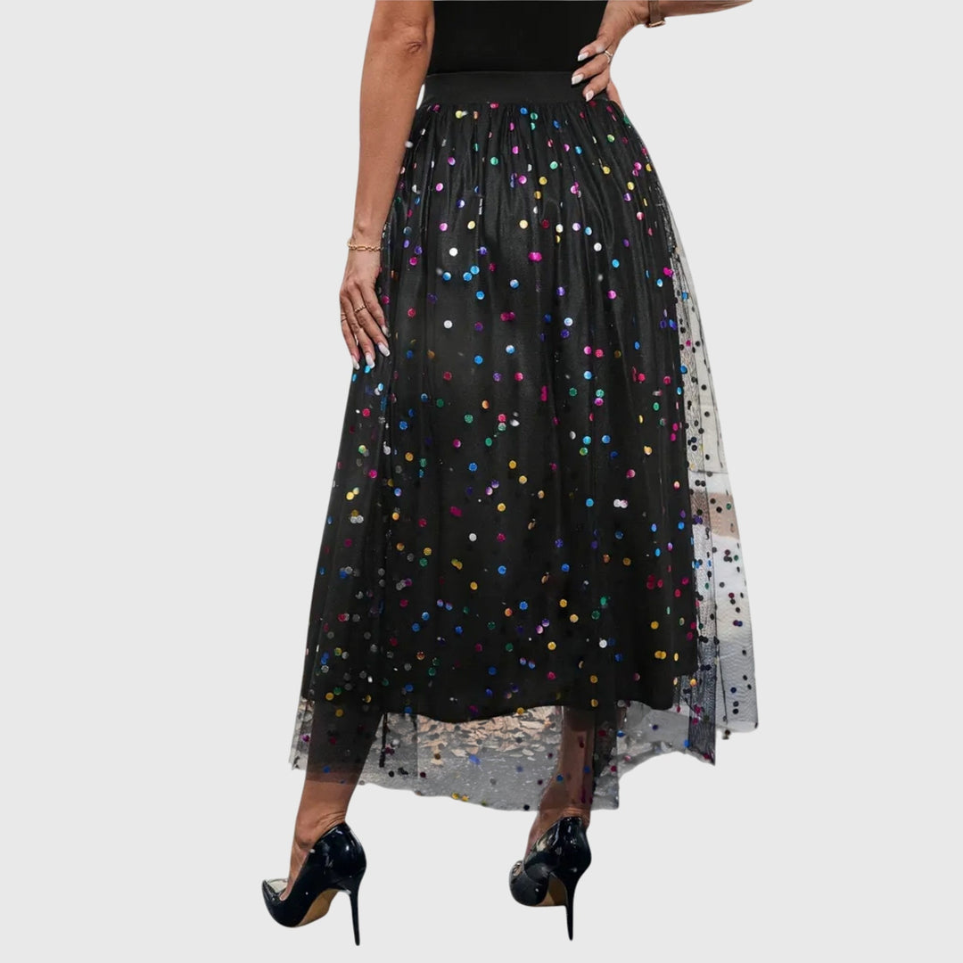 Sparkly black sequin midi skirt with an elegant asymmetric hem, a stylish choice for formal special occasions.