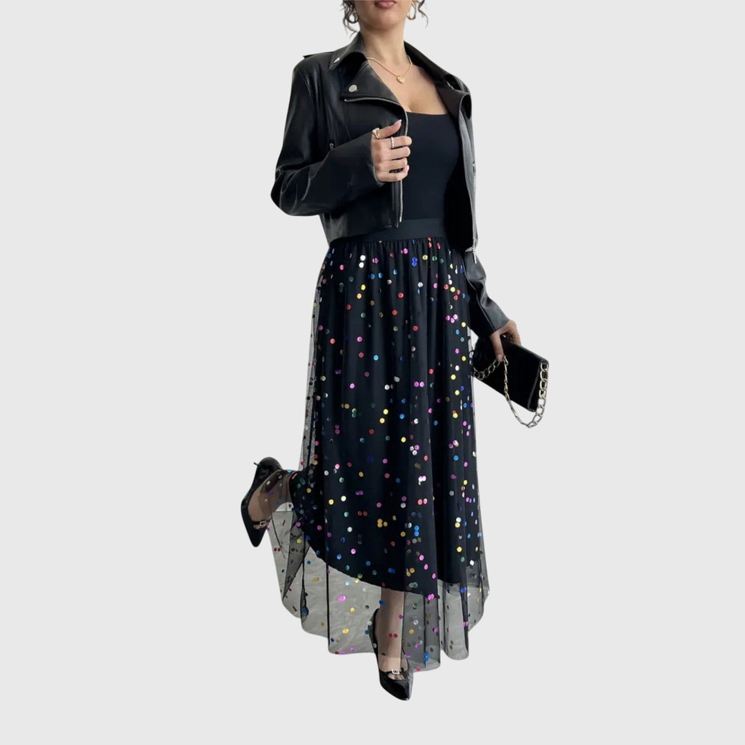 Chic women's black sequin midi skirt with an asymmetric hem, a dazzling piece for evening and party wear.