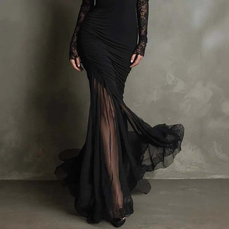 Elegant women's black V-neck formal maxi dress with lace sleeves, ideal for black tie parties & evening wear.