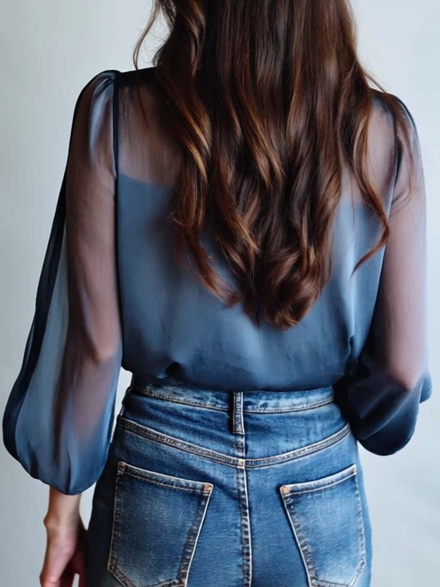 Versatile women's blouse: elegant floral embroidery, sheer long sleeves, relaxed fit V-neck. Perfect for feminine fashion.