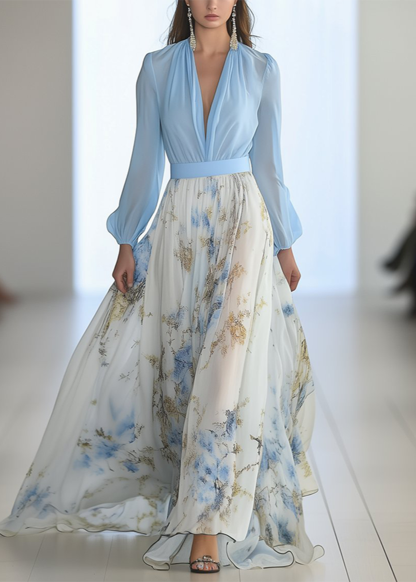 Elegant women's blue long-sleeve maxi dress with a deep V-neck and beautiful floral print, perfect for events.