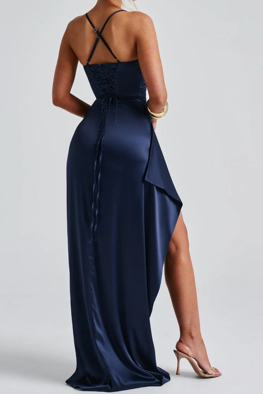 Formal blue evening gown for women, a ruched maxi dress with a flattering split, excellent for galas & parties.