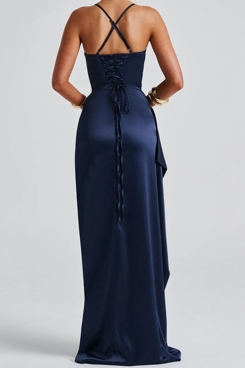 Women's blue maxi evening dress, a long ruched formal gown with a split hem, ideal for elegant occasions.