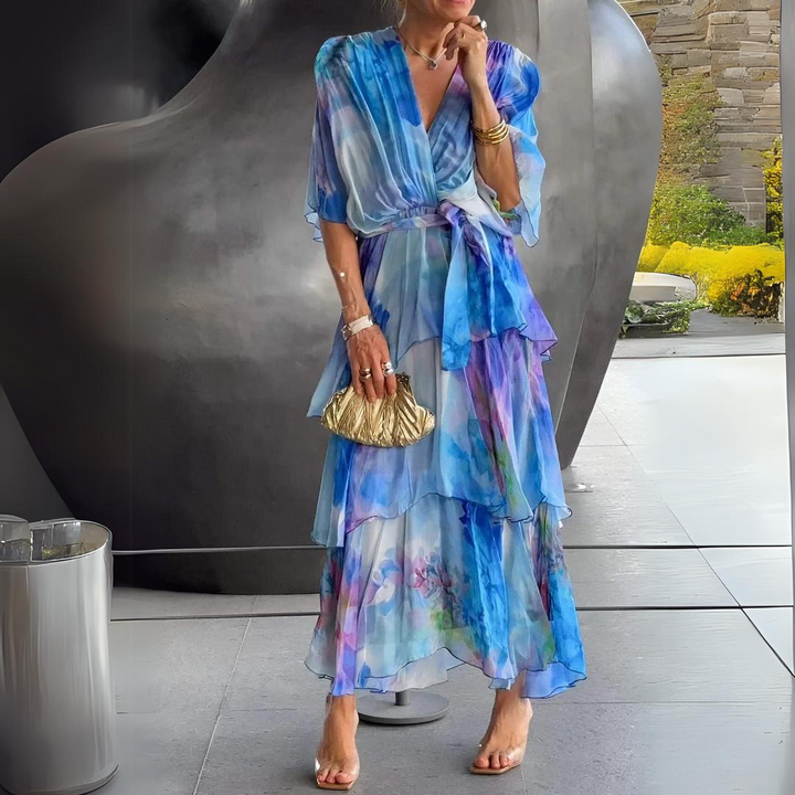 Elegant women's blue V-neck cocktail dress with flattering draped design and tummy control for parties & special occasions.