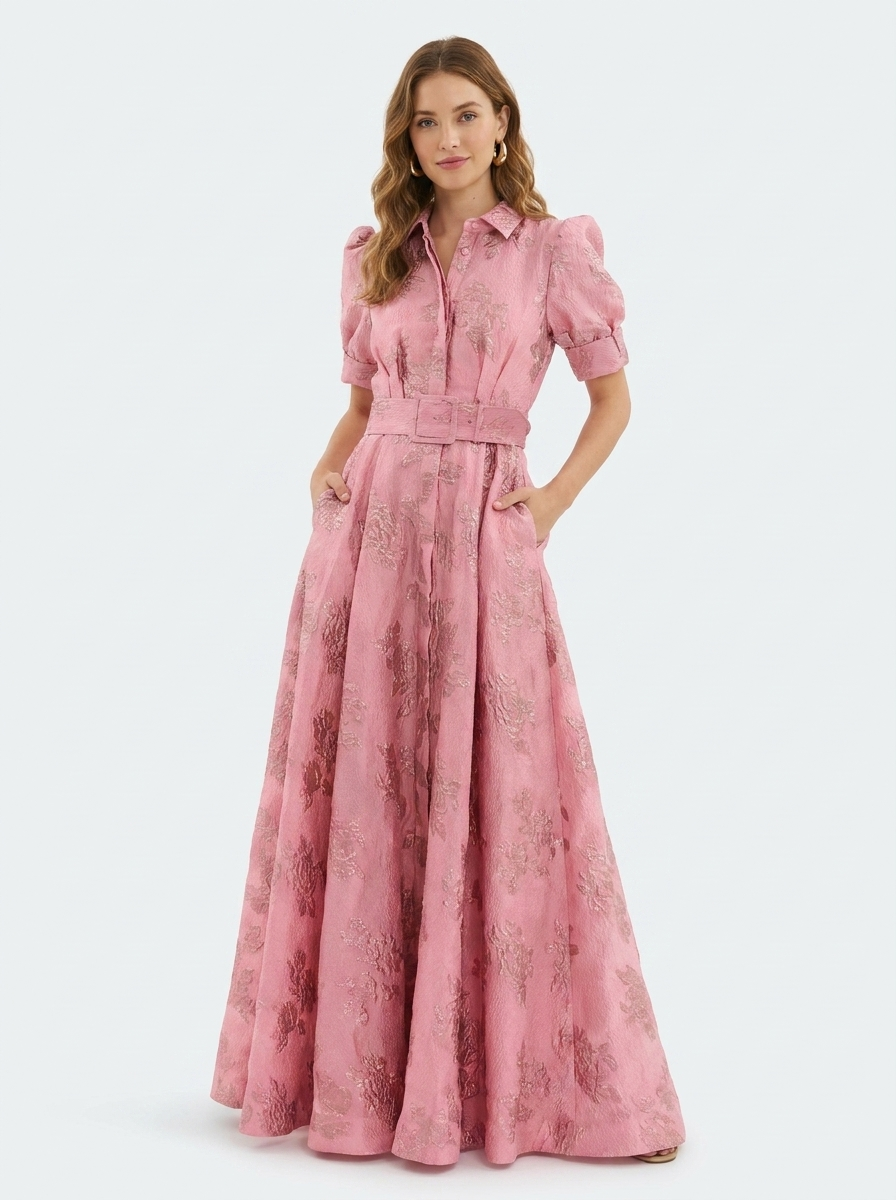 Elegant women's blush floral collared maxi dress, perfect for wedding guests or special occasions.