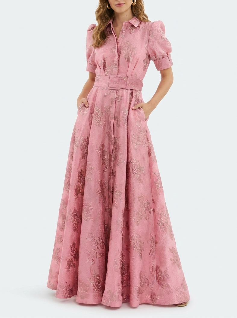 Stylish women's long floral print collared maxi dress, ideal for spring/summer formal events.