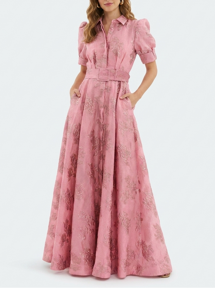 Stylish women's long floral print collared maxi dress, ideal for spring/summer formal events.