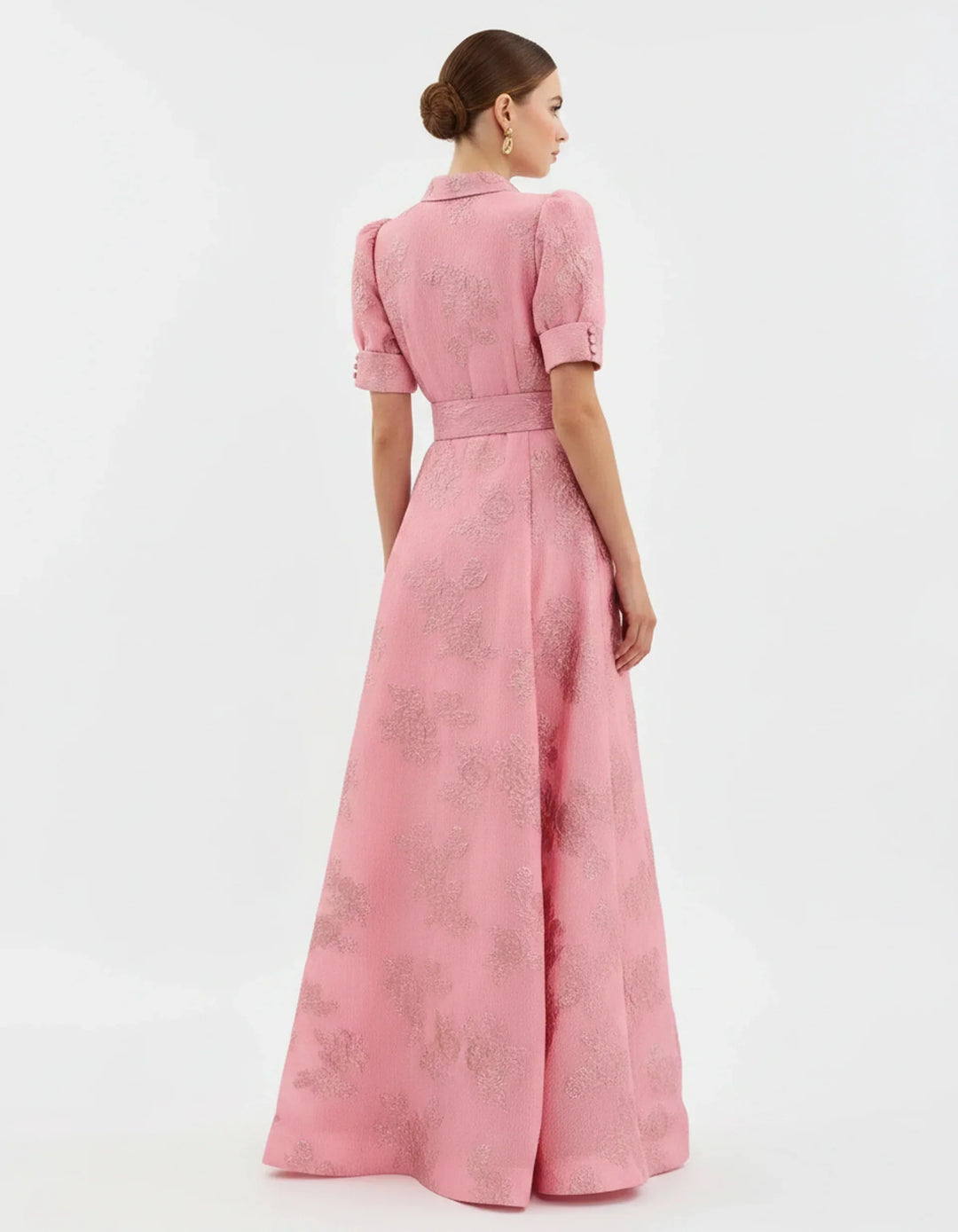 Blush pink floral collared maxi dress for women, an elegant choice for wedding guests & party wear.