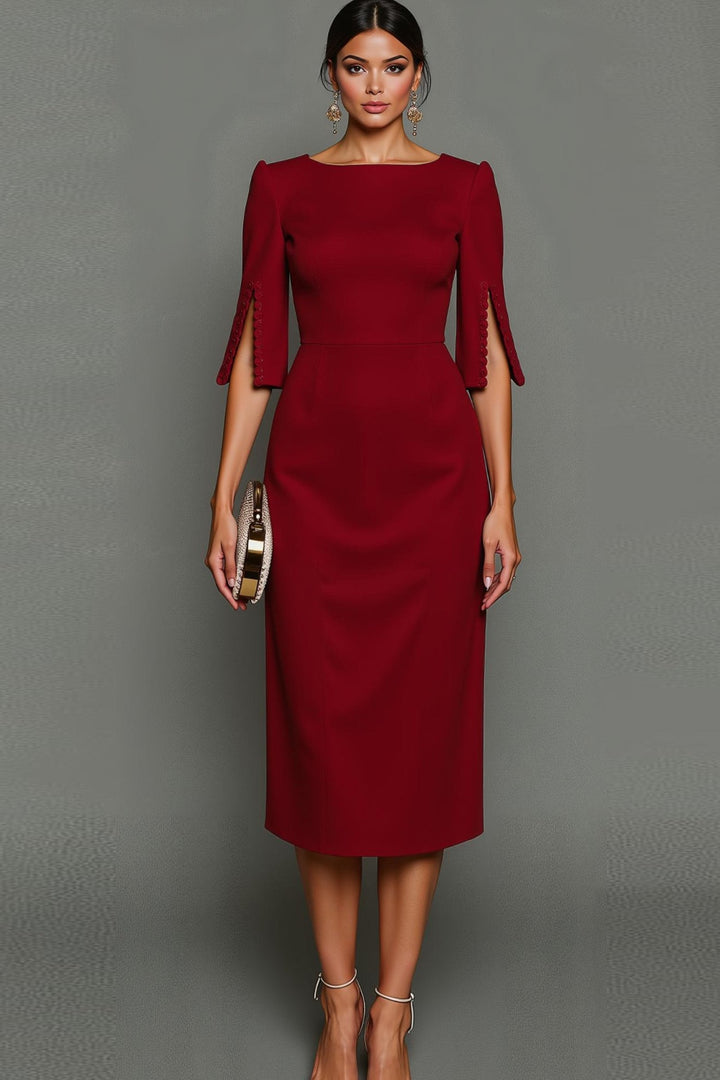 Sophisticated bodycon midi dress for women. Perfect as a cocktail or dinner dress with elegant half sleeves & round neck.