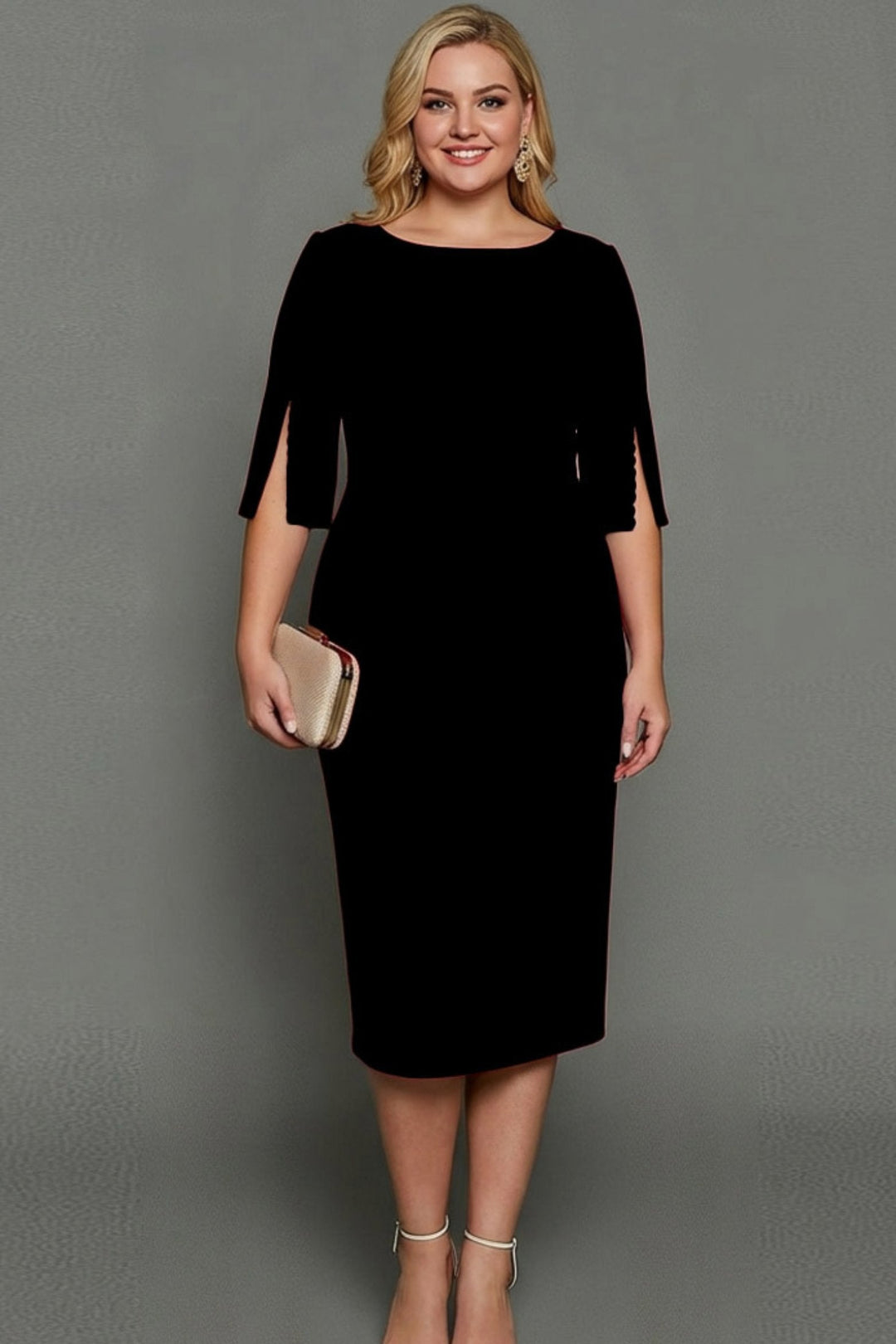 Women's elegant bodycon party dress, a flattering midi cut with half sleeves. Perfect for cocktails & formal dinners.