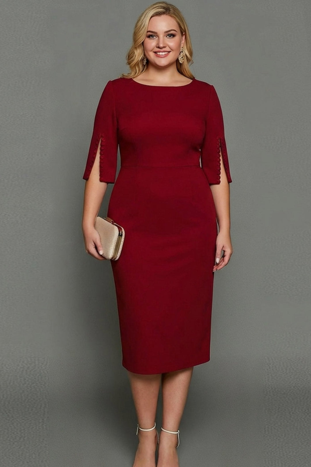 Formal women's elegant midi cocktail dress with half sleeves. A comfortable yet chic bodycon design for special events.