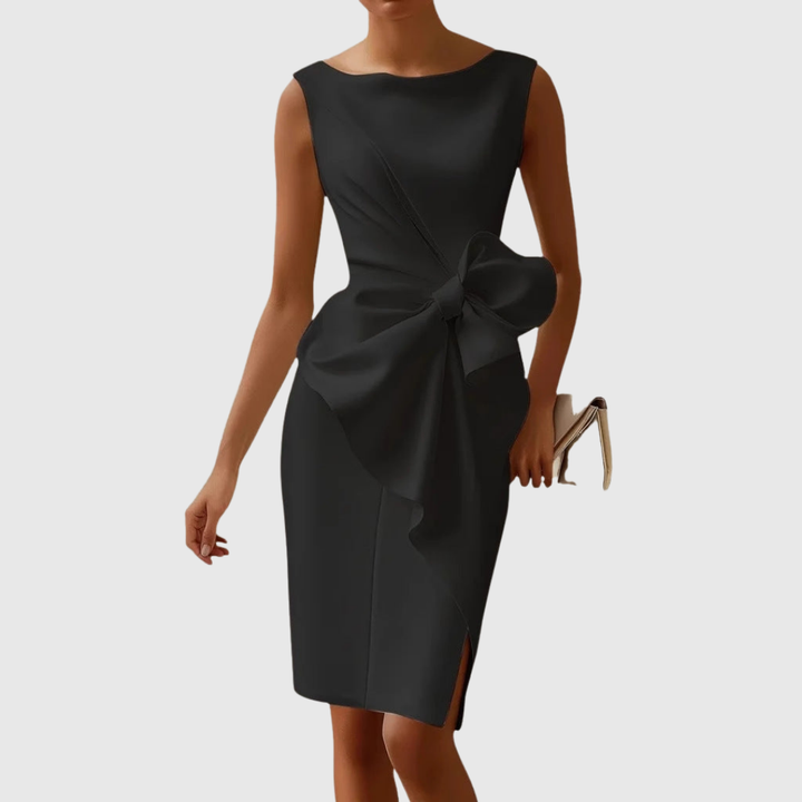 Elegant women's bodycon midi cocktail dress with sophisticated bow detail, perfect for evening events.