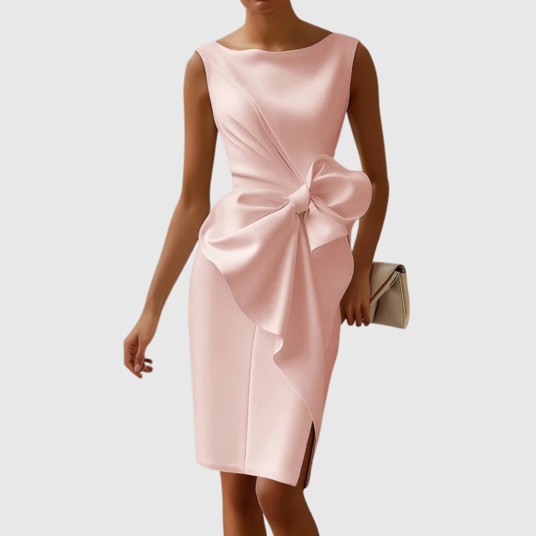 Chic women's bodycon midi dress with boat neck & elegant bow detail, perfect for special occasion wear.