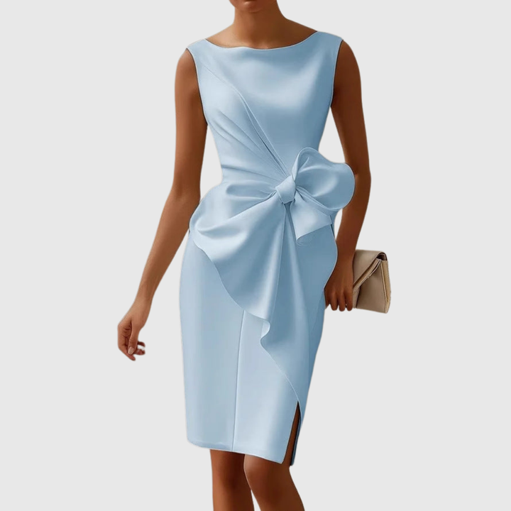 Sophisticated women's form-fitting midi cocktail dress with elegant bow, ideal for evening events.