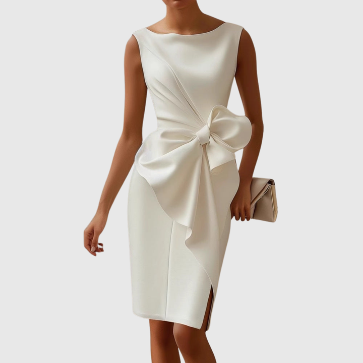 Stylish women's bodycon midi formal dress featuring a chic bow detail, suitable for cocktail parties.