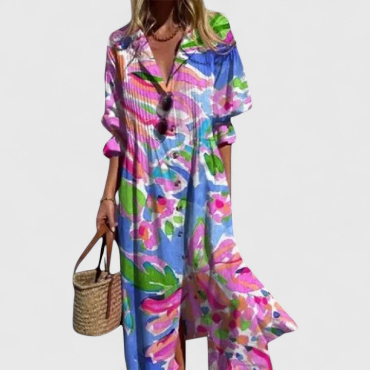 Women's elegant maxi dress featuring a comfortable flowy boho design, perfect for vacation wear and summer fashion.