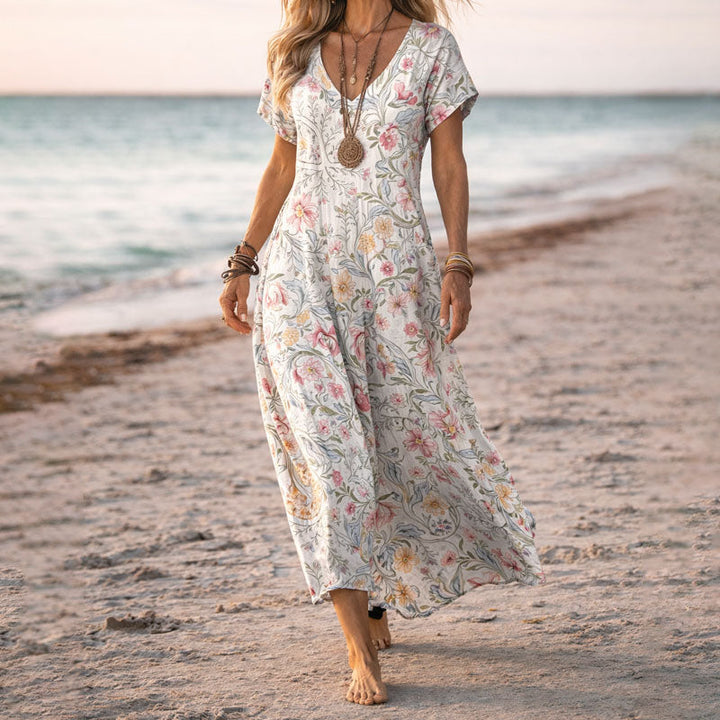Elegant women's botanical floral V-neck boho maxi dress, perfect for summer parties & beach vacations.