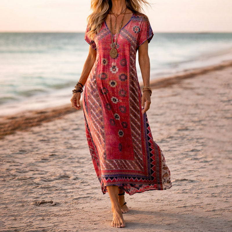 Romantic botanical print V-neck maxi dress for women, stylish beachwear & elegant party attire.