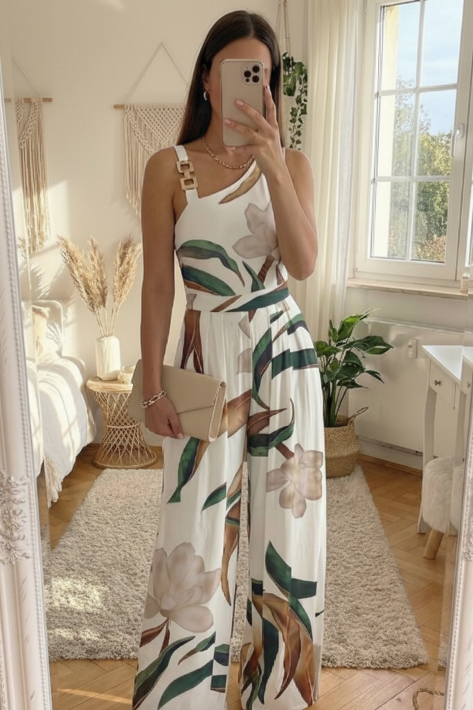 Elegant women's botanical wide leg jumpsuit with a floral print, perfect for summer occasions and chic day-to-night wear.